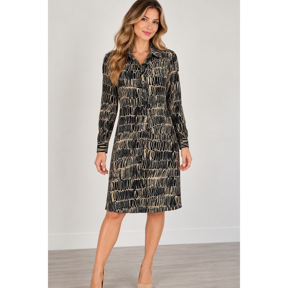 John Roberts Shirt Dress Womens Petite Black Tan Abstract Long Sleeve Button Up